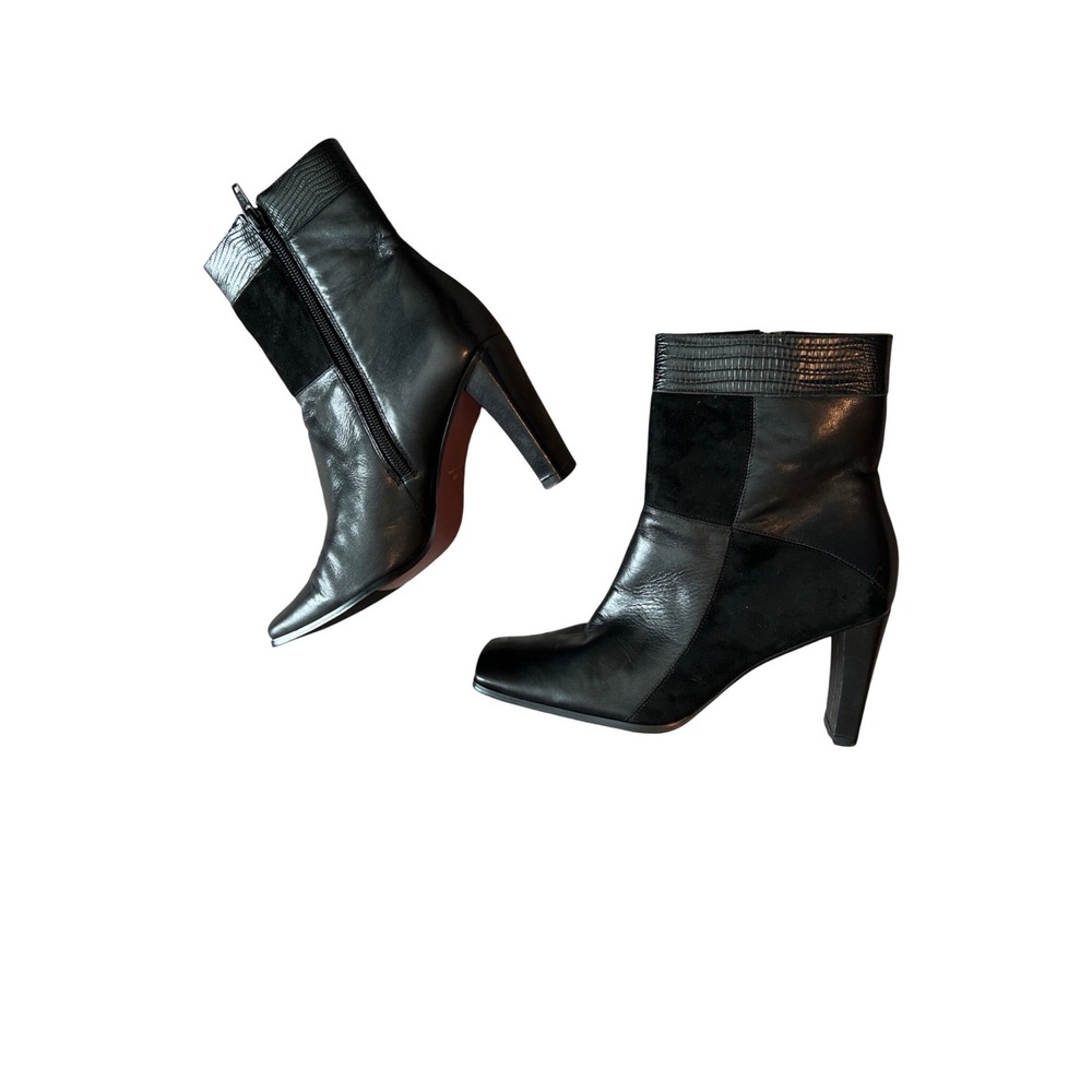 Black Mixed Media Leather Suede Square Toe Block Heel Ankle Boots Size 8M